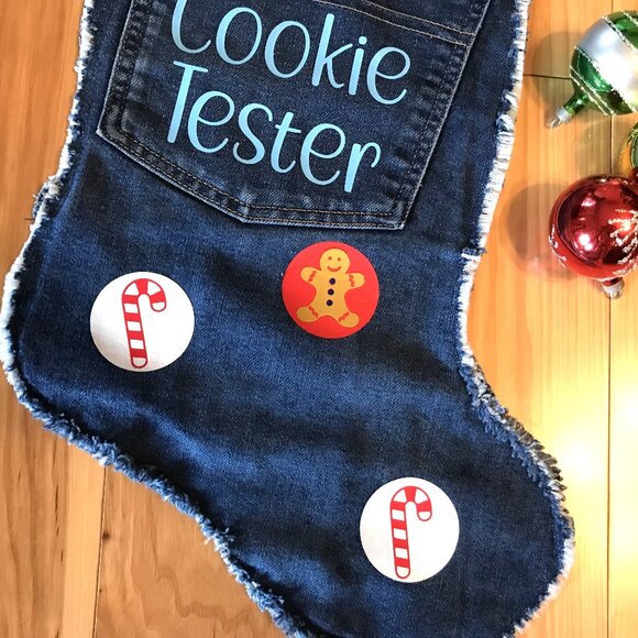 Handmade Denim Christmas Stocking w/Pocket: Cookie Tester Graphic, Size L - Picture 4 of 9